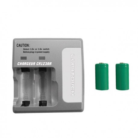 Cargador doble CR123A , alimentador 230v, 2 pilas 800mAh 3v incluidas.